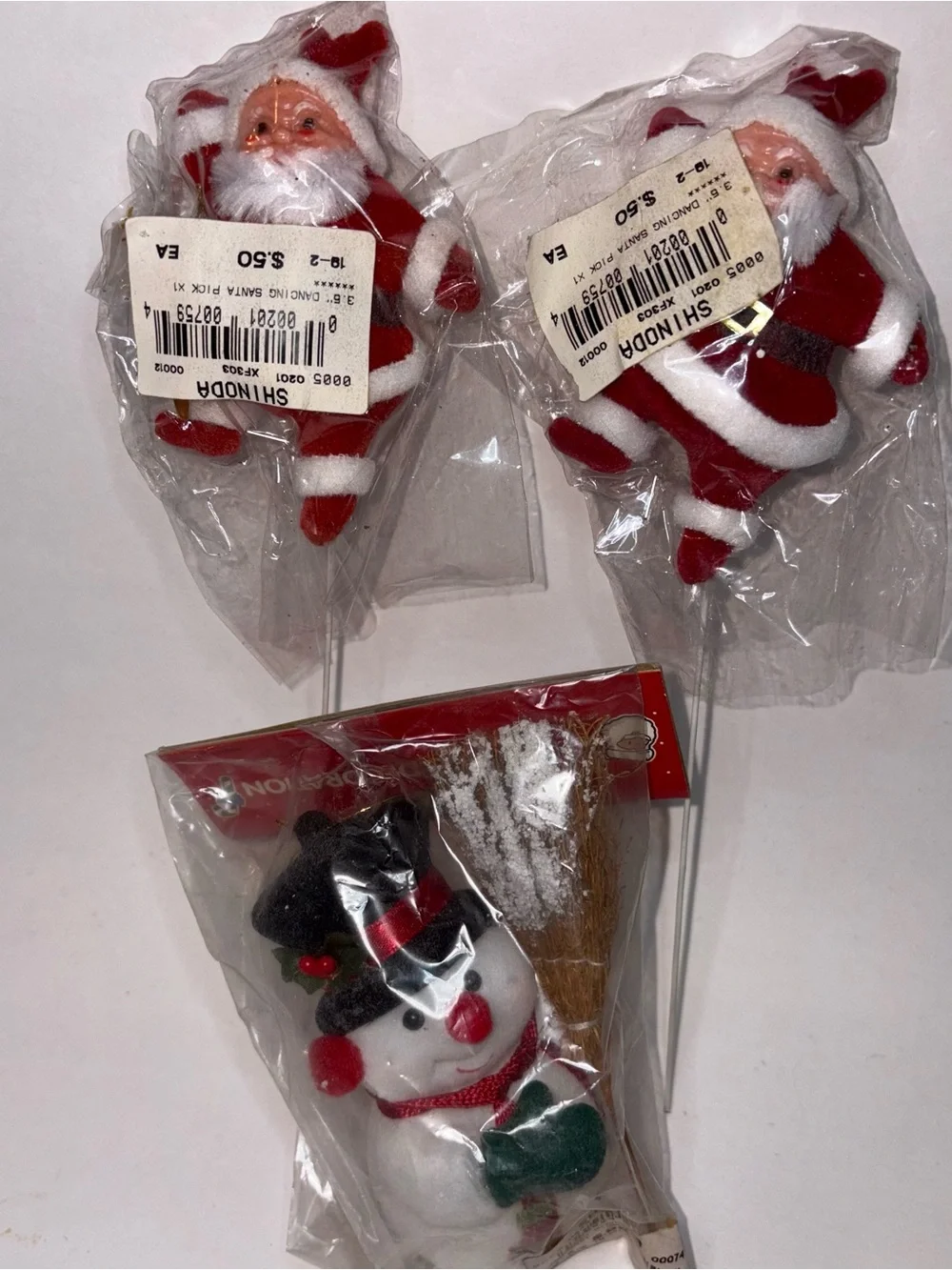 Vintage Santas On A Stick Flocked Plastic Face Blow Mold & Snowman Ornament